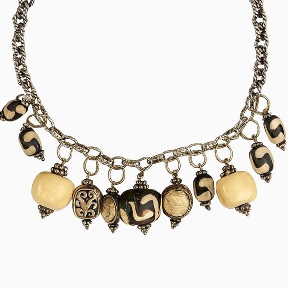 Statement African Batik Bone Bead Necklace Tribal 925 Silver Chunky Boho - Picture 4 of 5